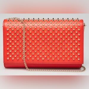 Christian Louboutin Red/Orange Leather Fold-Over Spike Paloma Clutch Bag